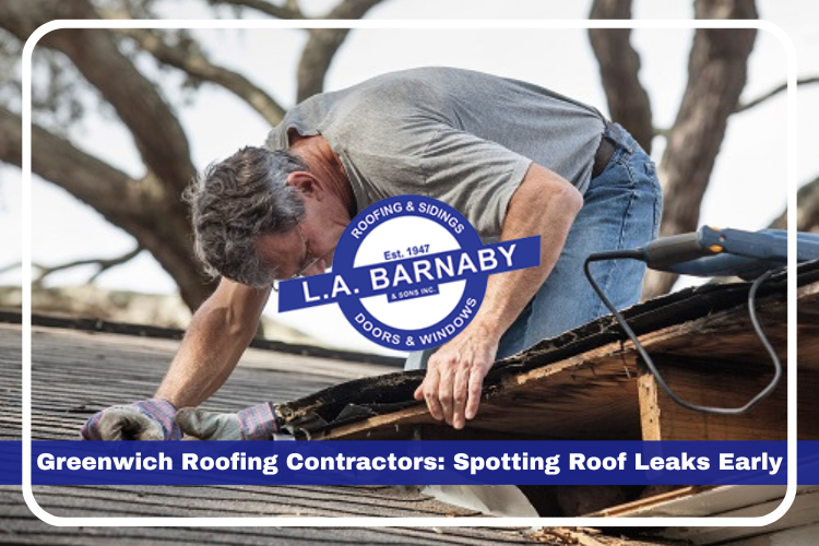 Close-up of a roof leak being repaired by a professional in Greenwich.