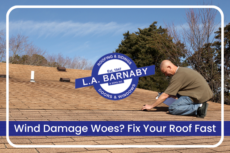 Monroe roofing expert from L.A. Barnaby inspecting roof for wind damage.
